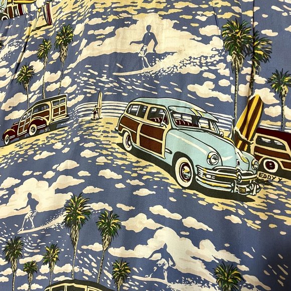 Art of Eddy Y by Reyn Spooner Surfer and Woody Print Short Sleeve Hawaiian Shirt - Picture 7 of 7